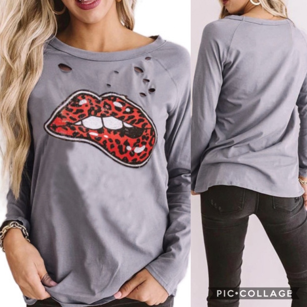 DISTRESSED Leopard Lips Print Long Sleeve Top